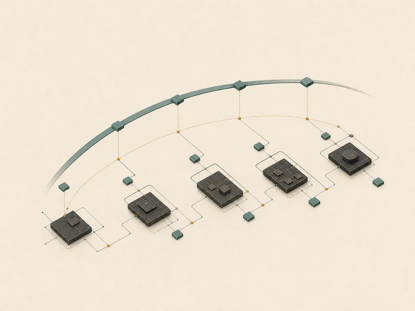 Guiding arc aligning independent modules on a shared trajectory